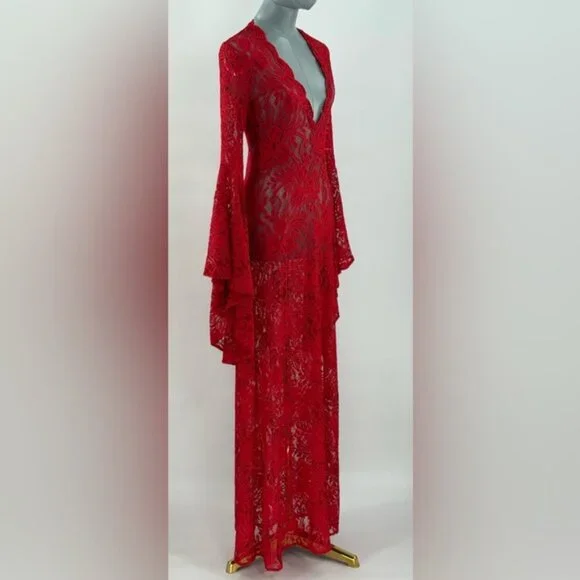 🆕 ALEXANDRA MIRO 🧿 NWOT Kara Long Boylen Sleeve Kaftan, Red Lace - Sz XS - Picture 4 of 14
